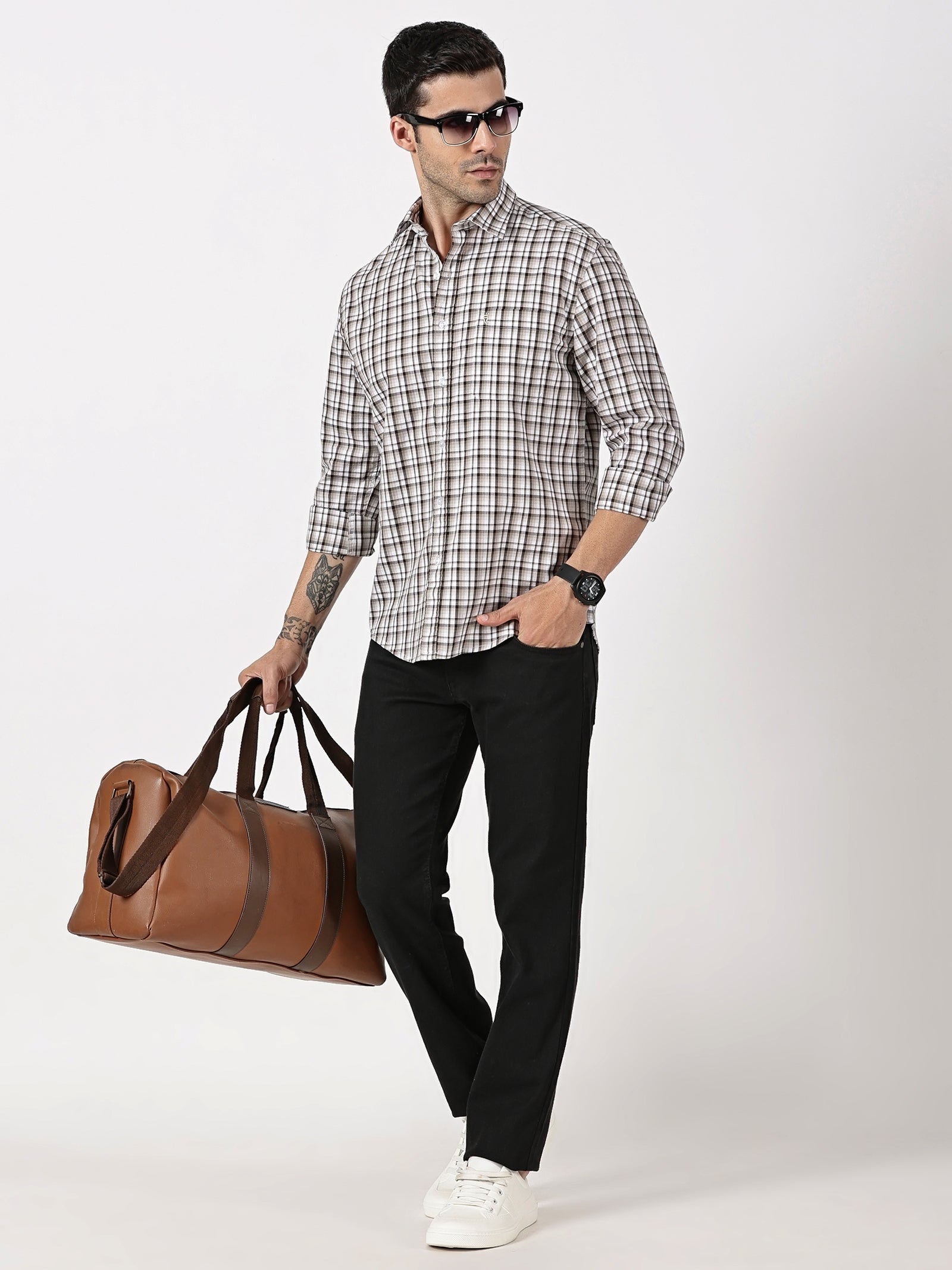 Brown Check Giza Twill Cotton Shirt