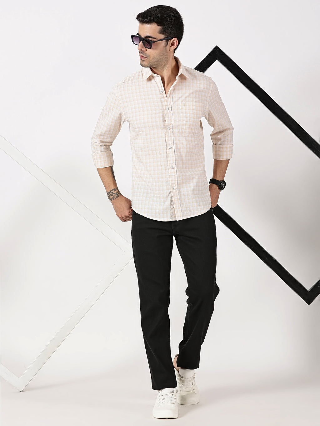 Beige & White Dobby Cotton Shirt