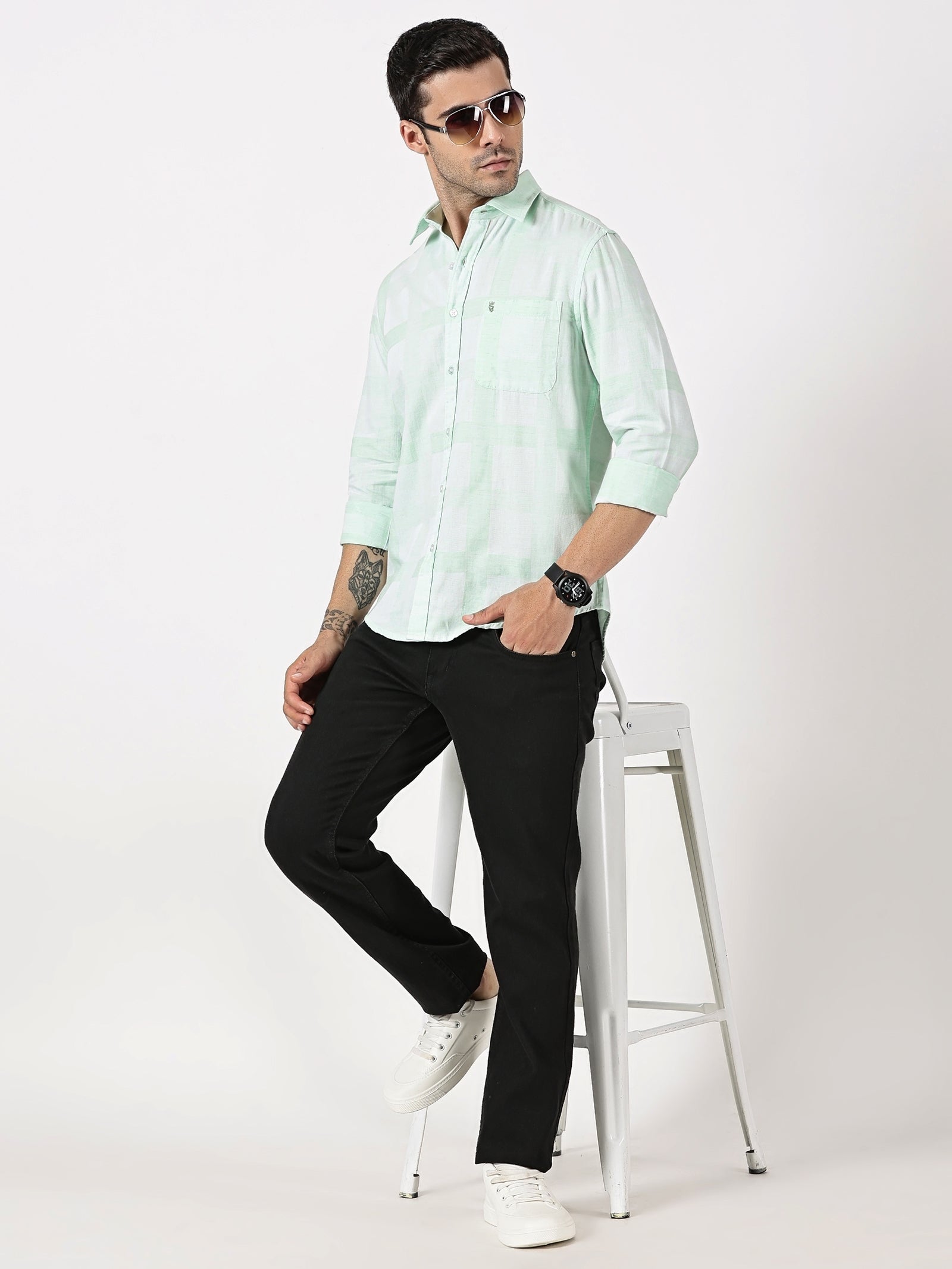 Mint Green Mélange Cotton Shirt with Self Checks