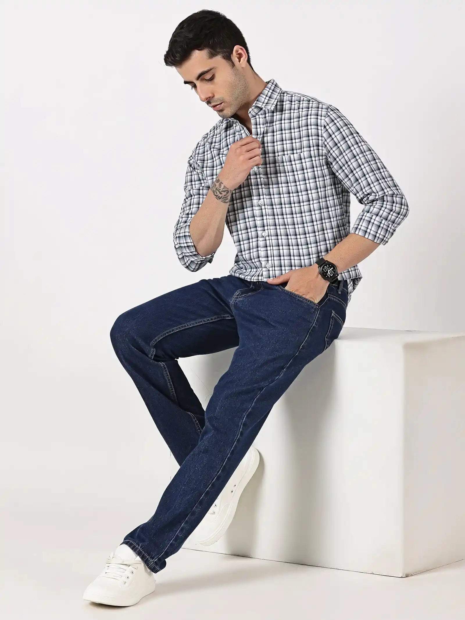 Navy, Grey & White Check Giza Twill Cotton Shirt