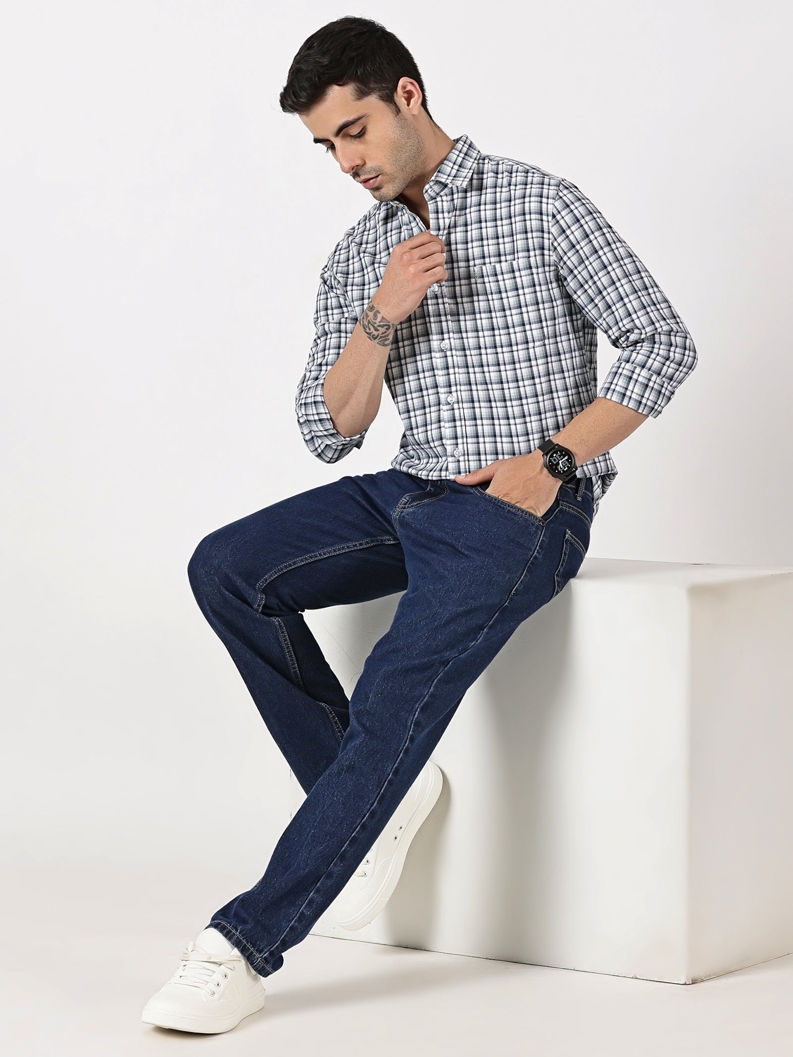 Navy, Grey & White Check Giza Twill Cotton Shirt