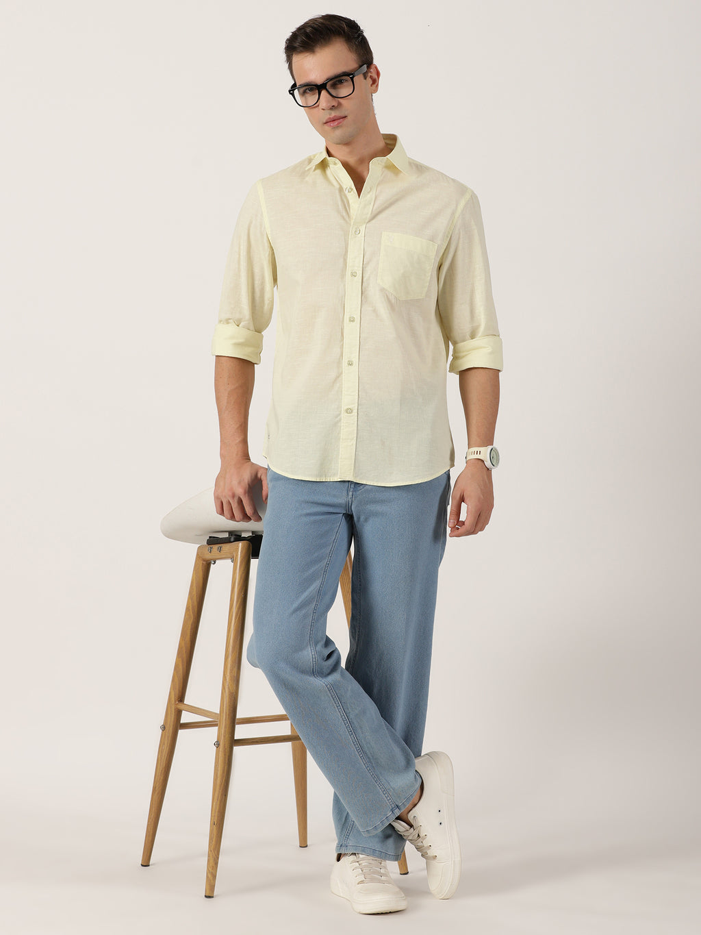 Classic Pastel Yellow Slim-Fit Cotton Shirt for Men