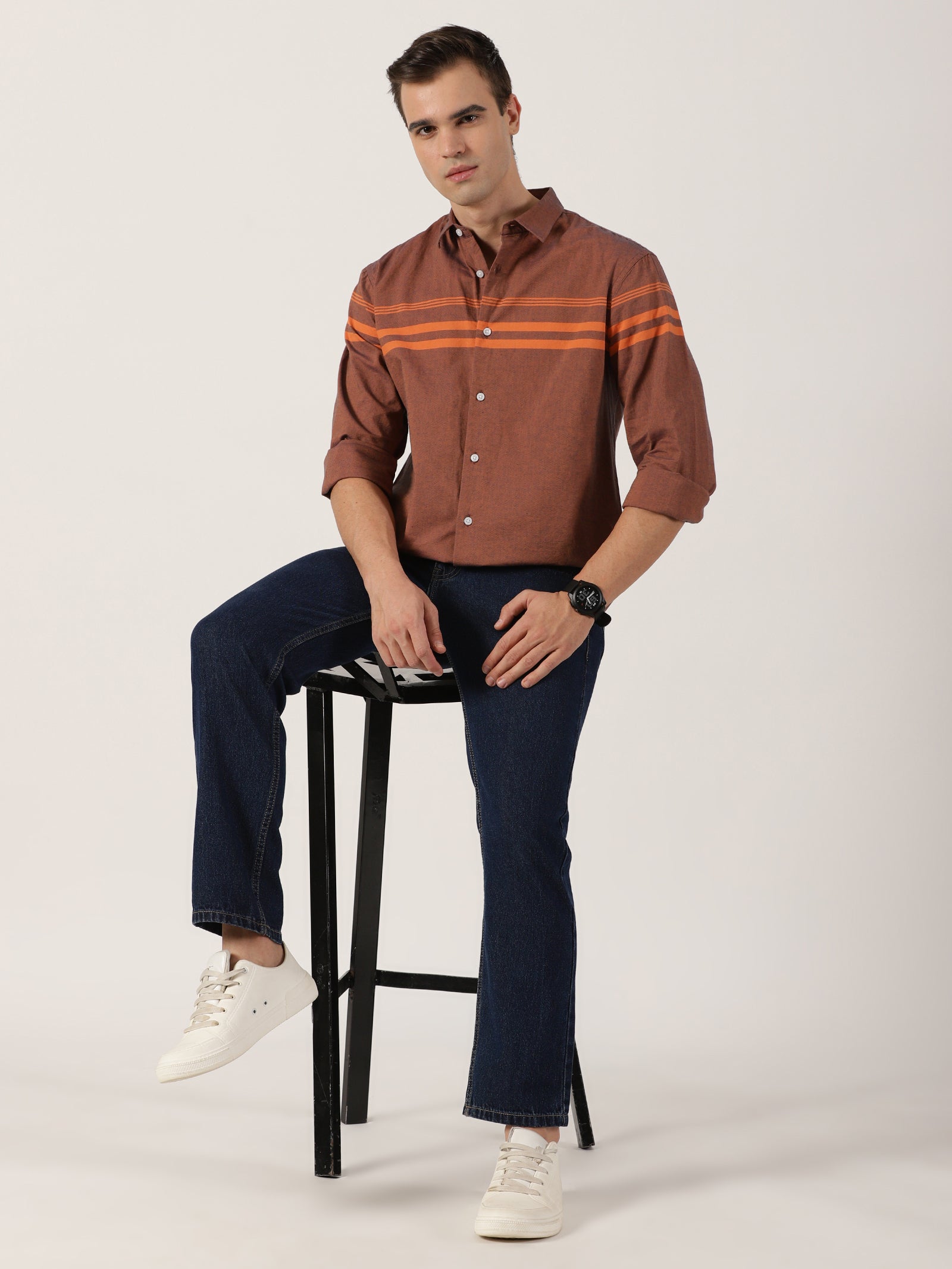 Men’s Premium Brown Horizontal Striped Cotton Shirt
