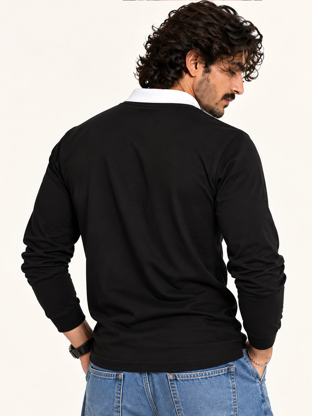 Royal Black  Contrast Collar Full Sleeve Polo T Shirt