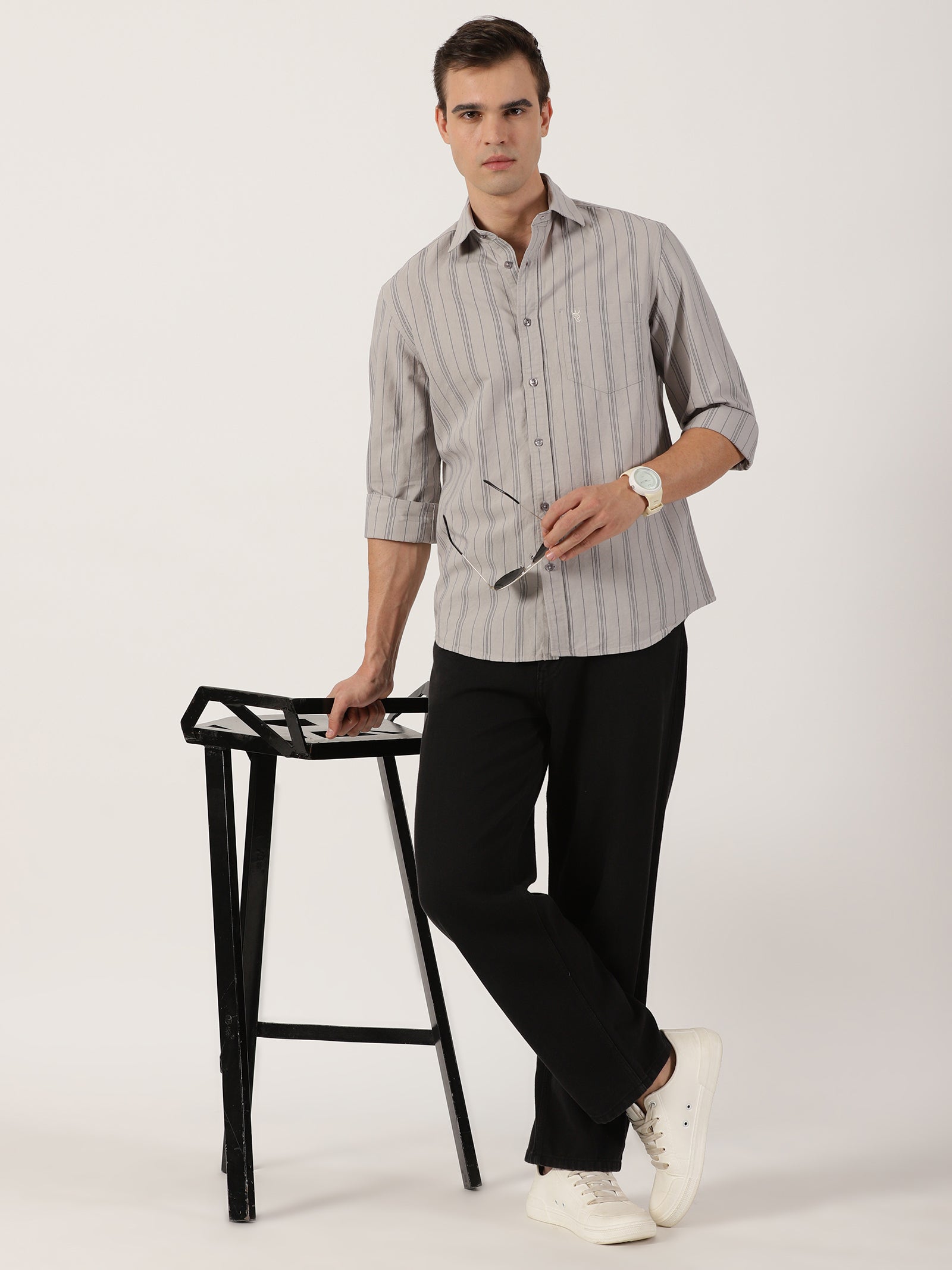 Men’s Premium Beige Vertical Striped Cotton Shirt