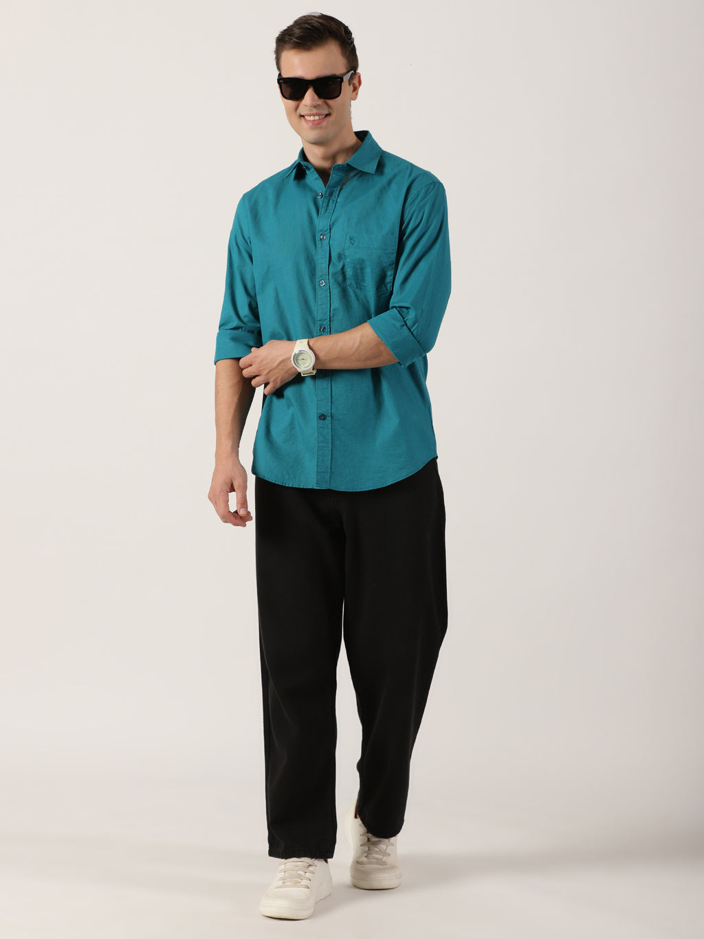 Classic Teal Green Slim-Fit Cotton Shirt for Men