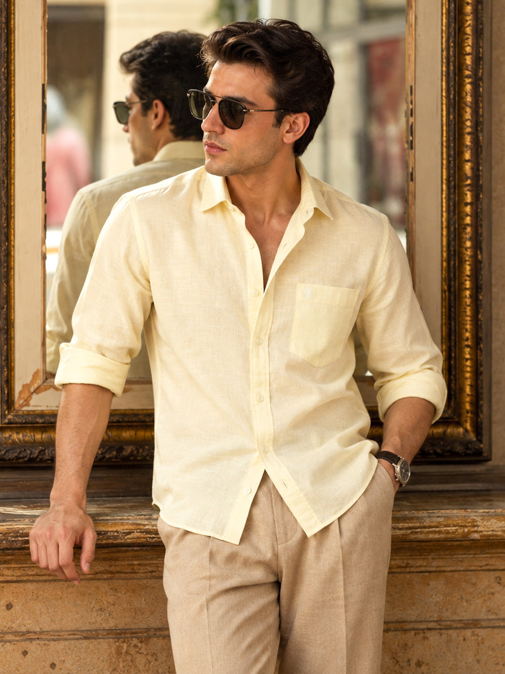 Classic Pastel Yellow Slim-Fit Cotton Shirt for Men