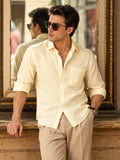 Classic Pastel Yellow Slim-Fit Cotton Shirt for Men