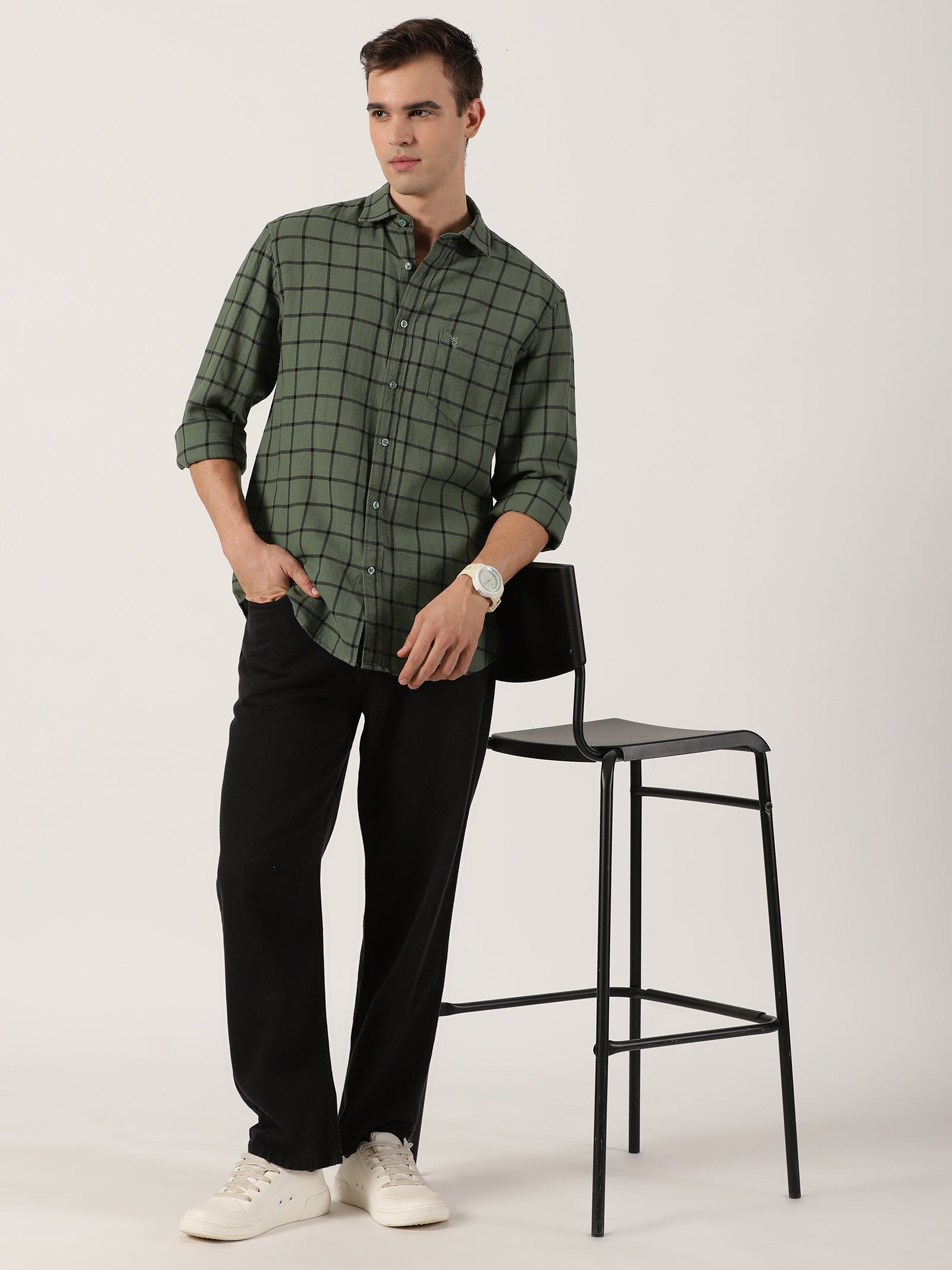 Olive Green Windowpane Check Cotton Shirt
