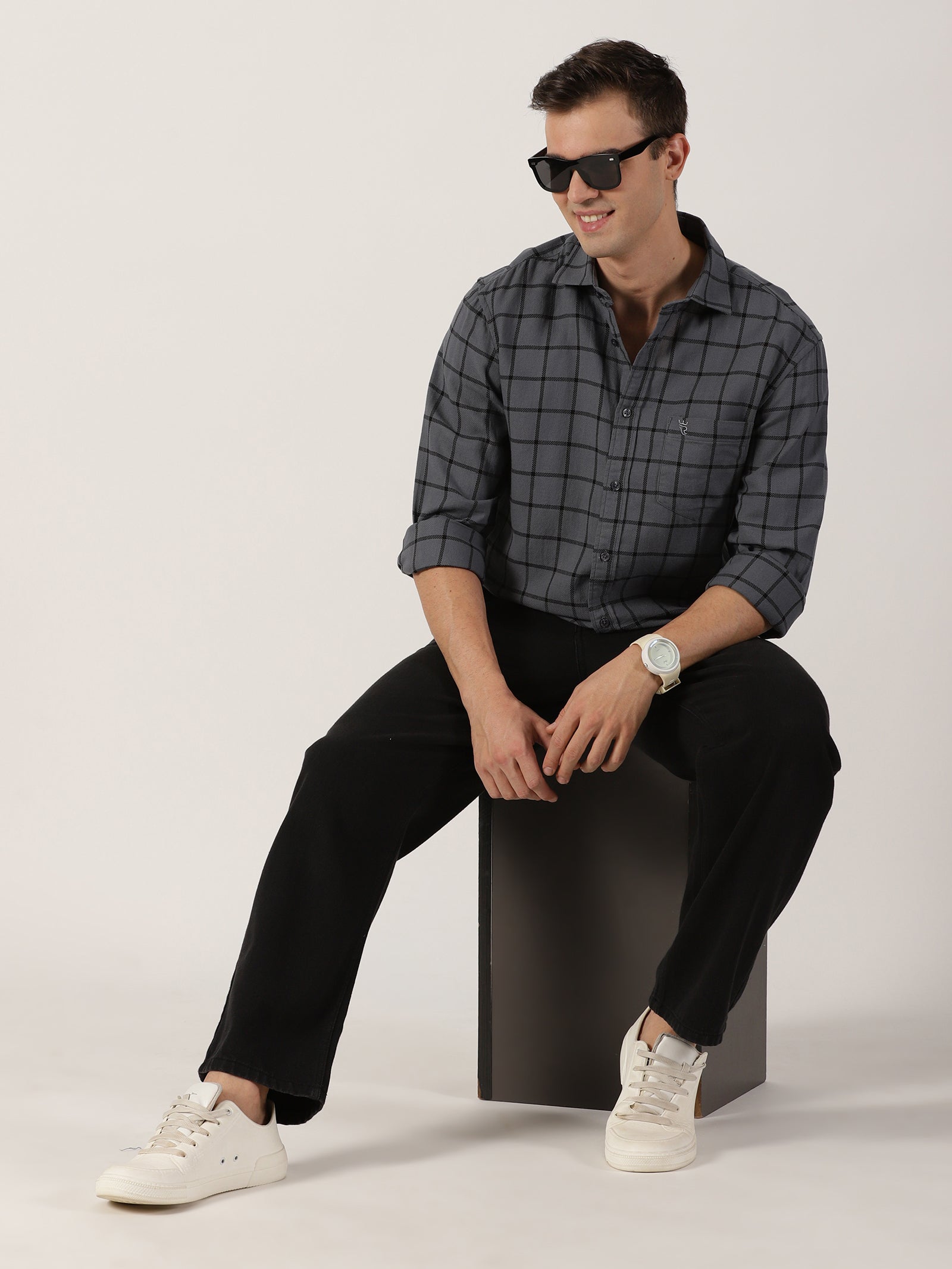 Charcoal Grey Windowpane Check Cotton Shirt