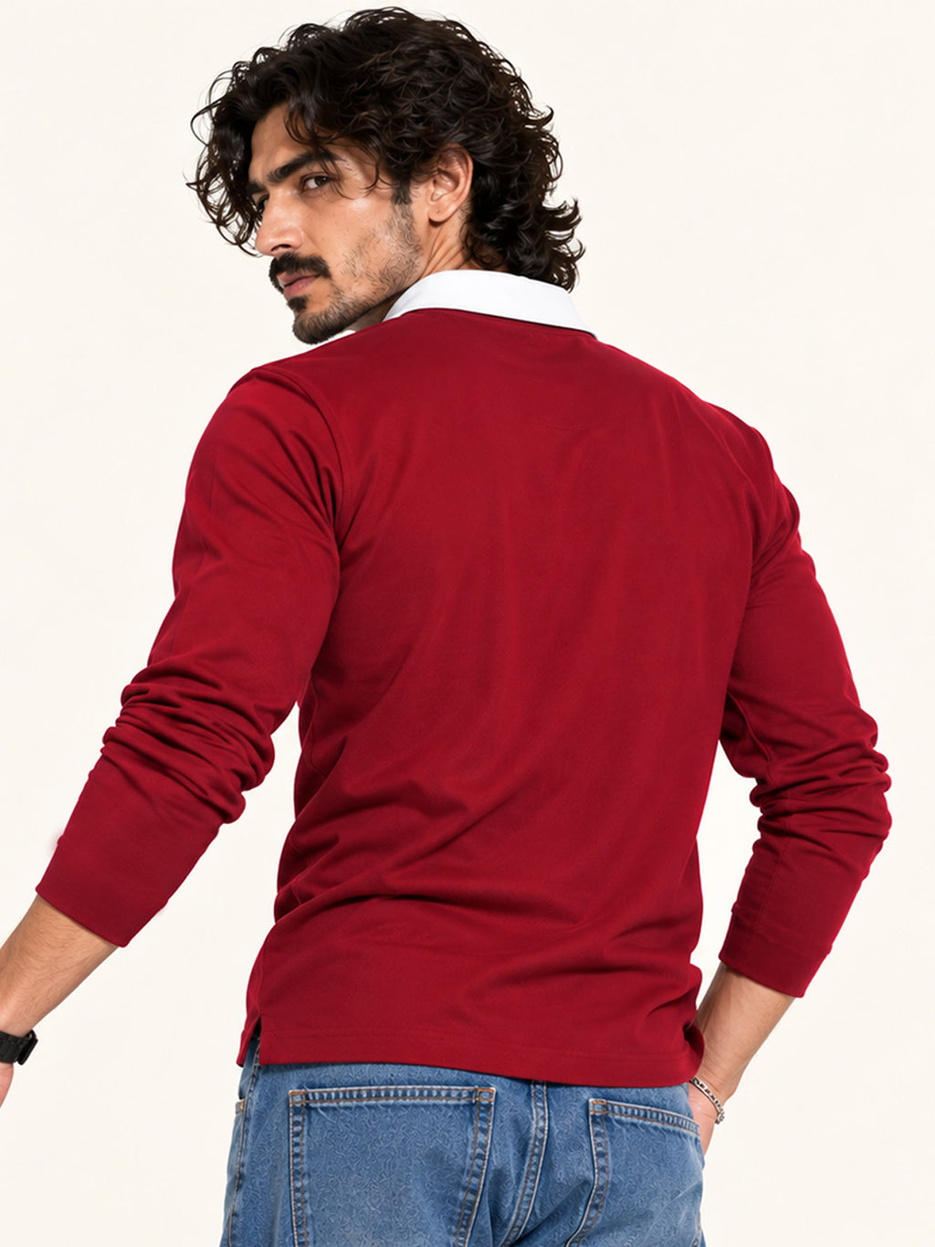 Royal Burgundy Contrast Collar Full Sleeve Polo T Shirt