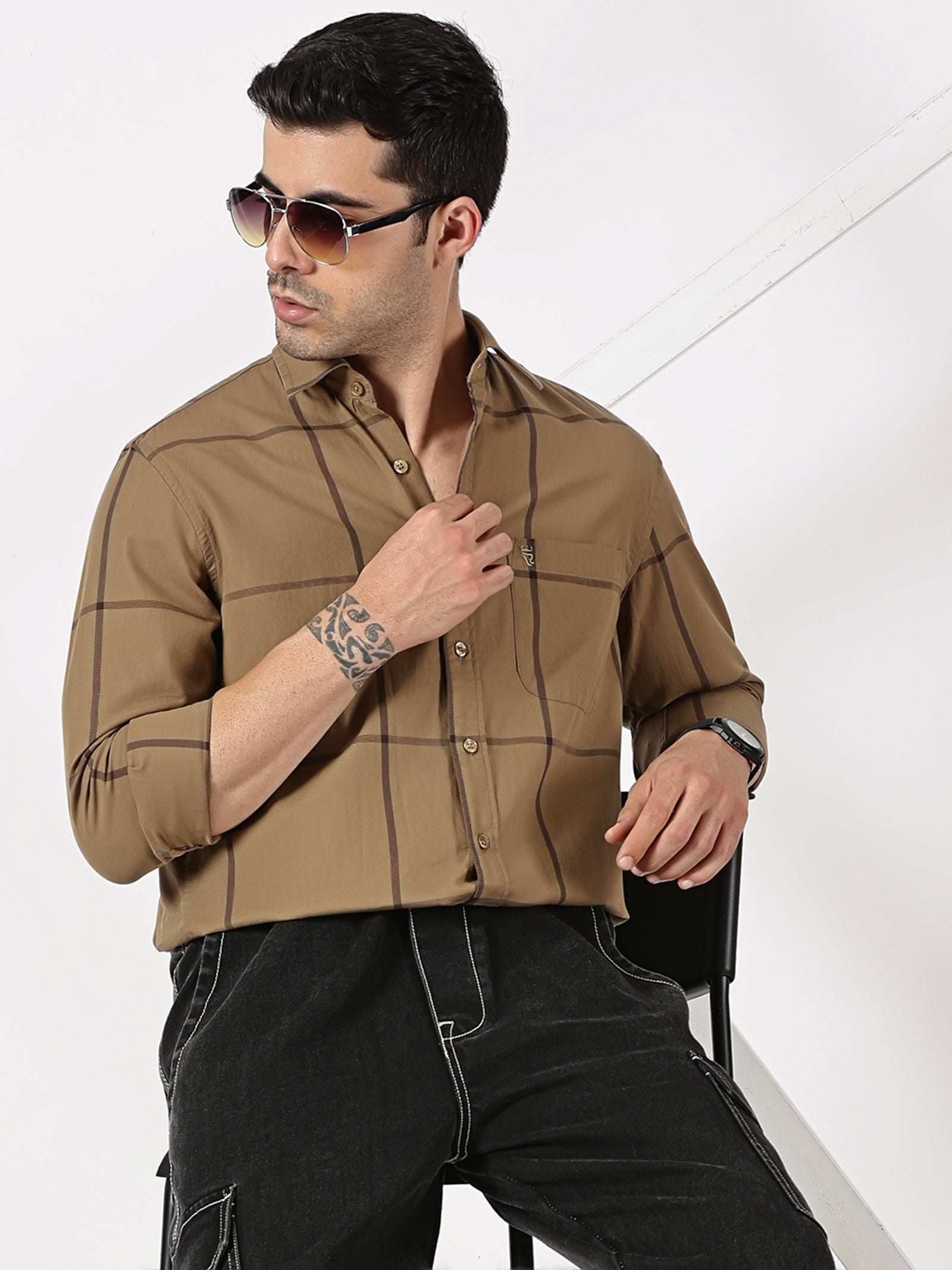 Olive Khaki & Dark Brown Twill Cotton Shirt