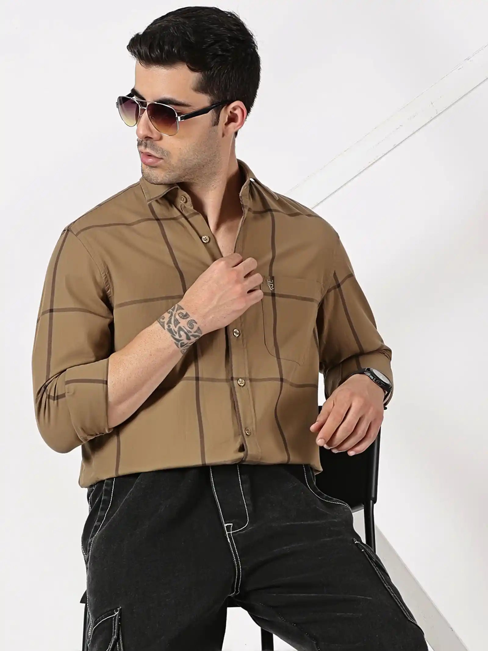Olive Khaki & Dark Brown Twill Cotton Shirt
