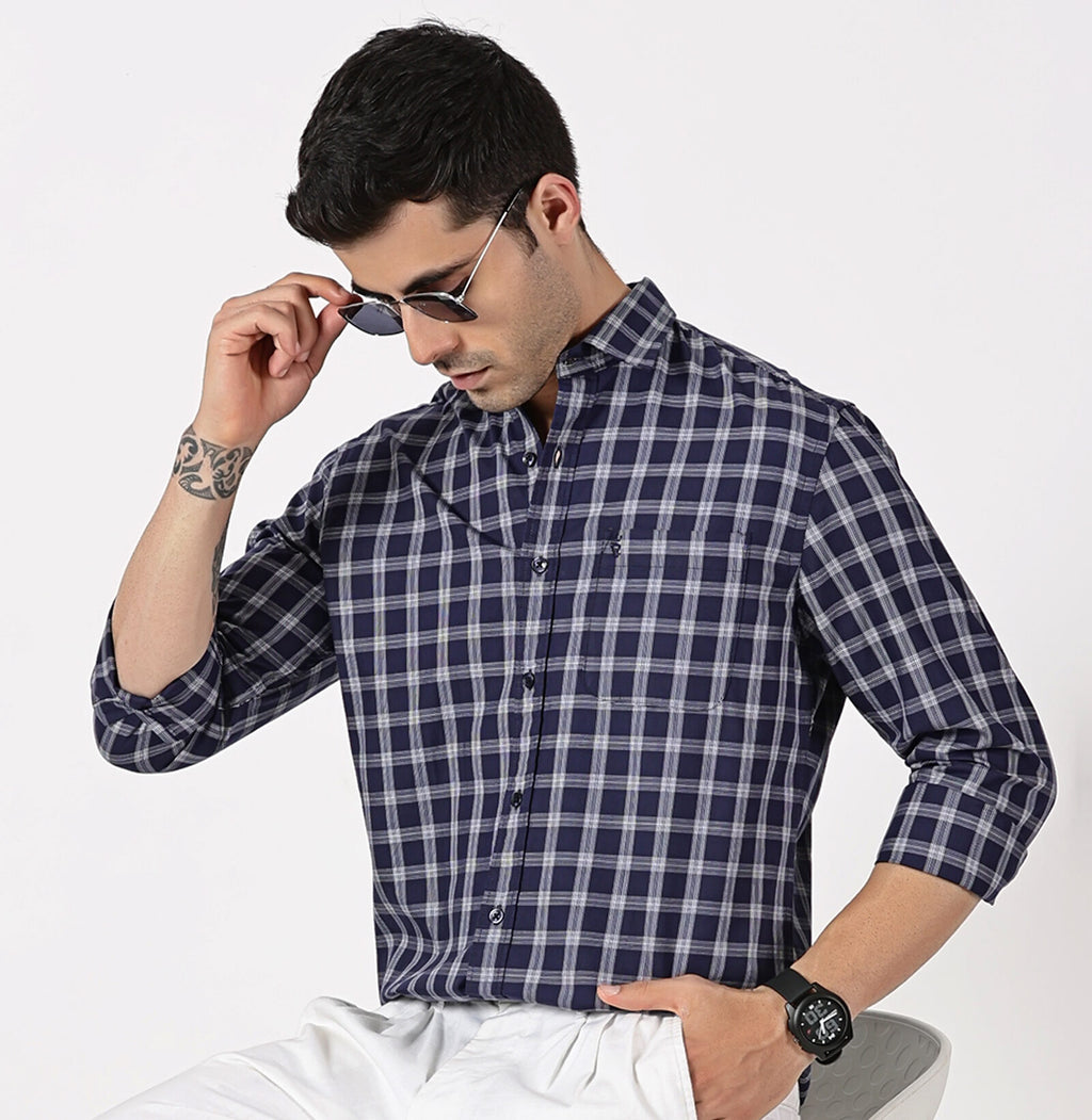 Extra Fine Navy & White Check Giza Twill Cotton Shirt