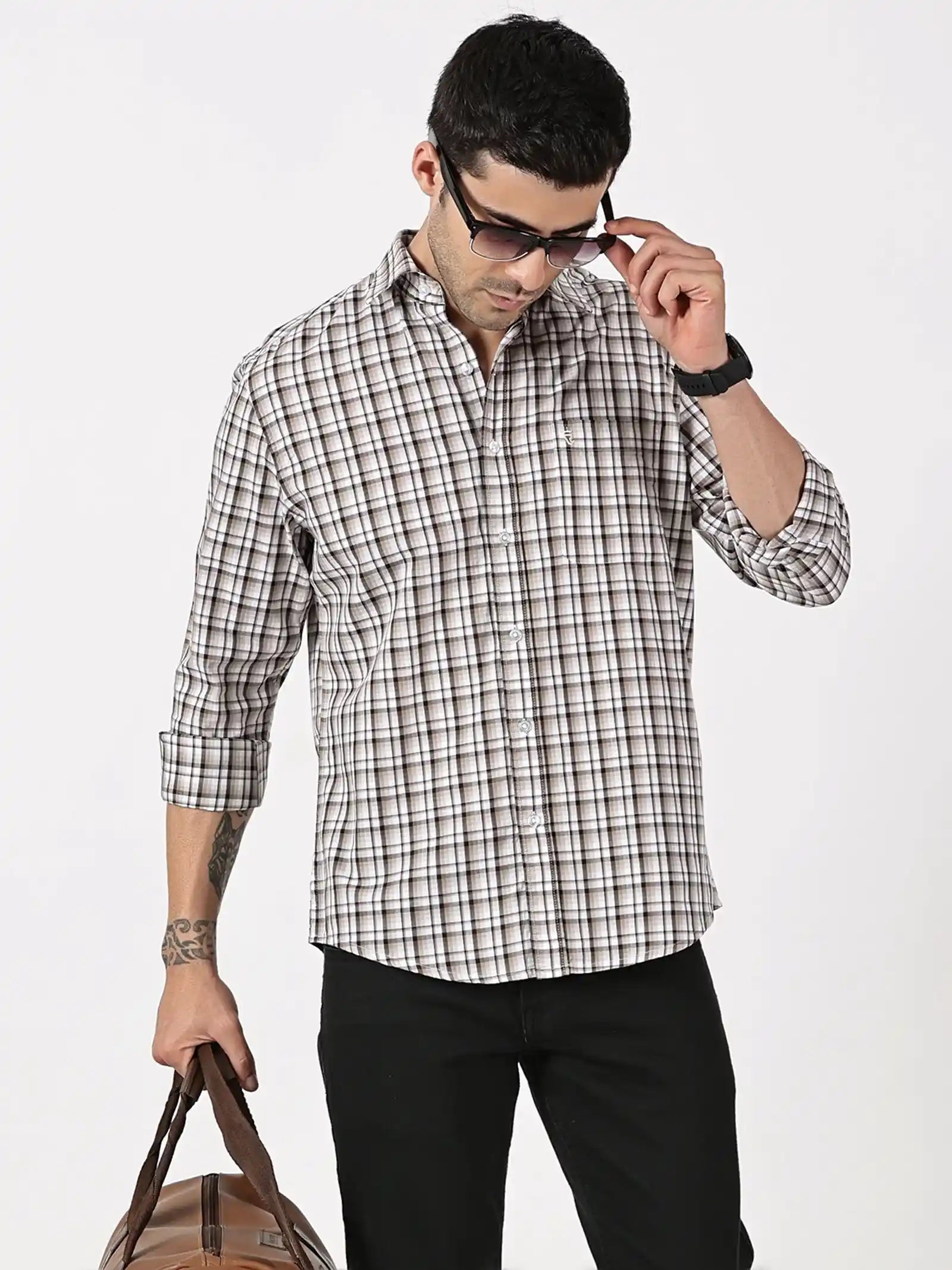 Brown Check Giza Twill Cotton Shirt