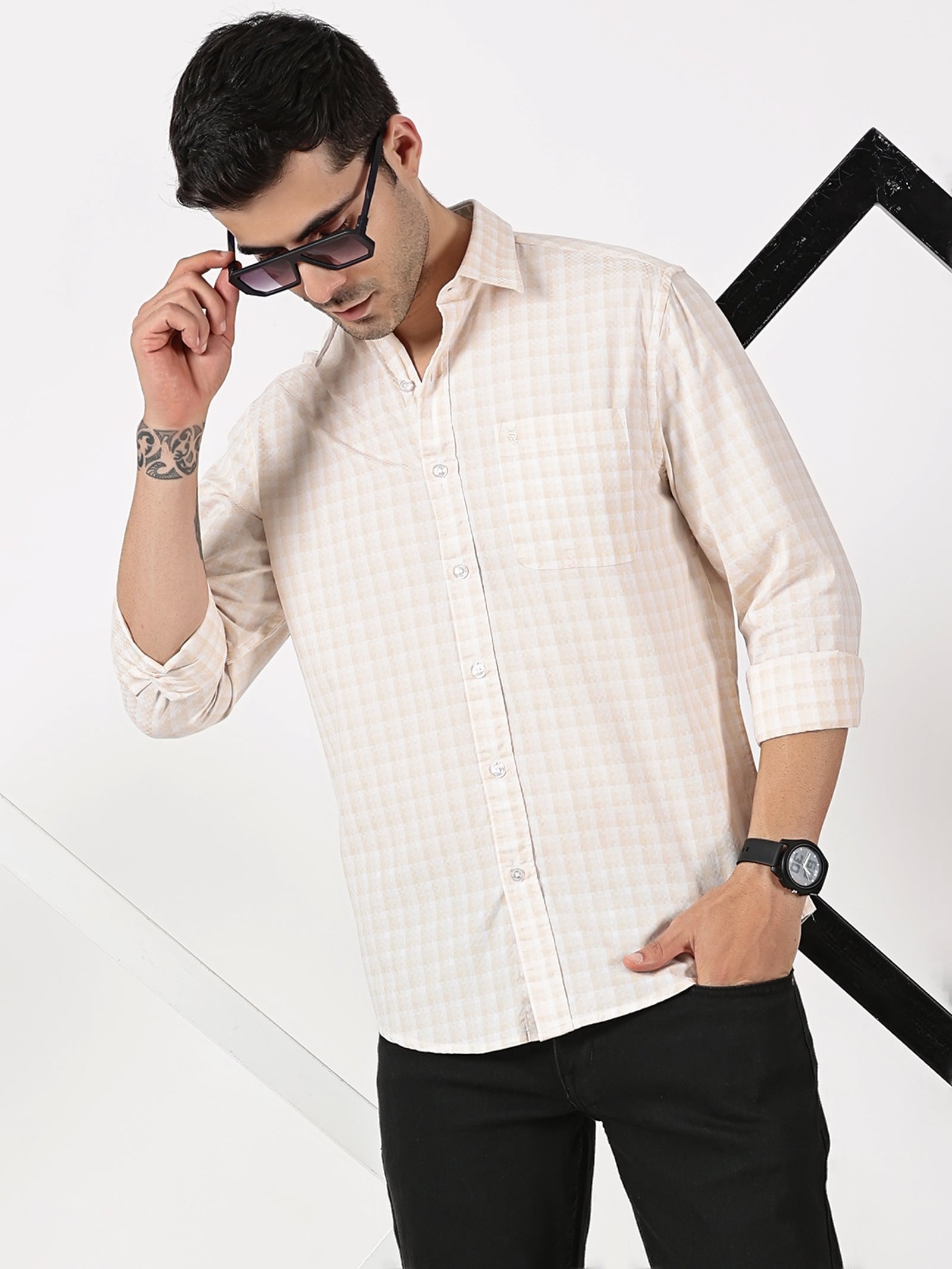 Beige & White Dobby Cotton Shirt