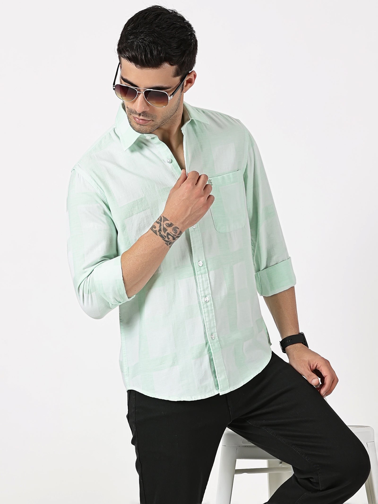 Mint Green Mélange Cotton Shirt with Self Checks