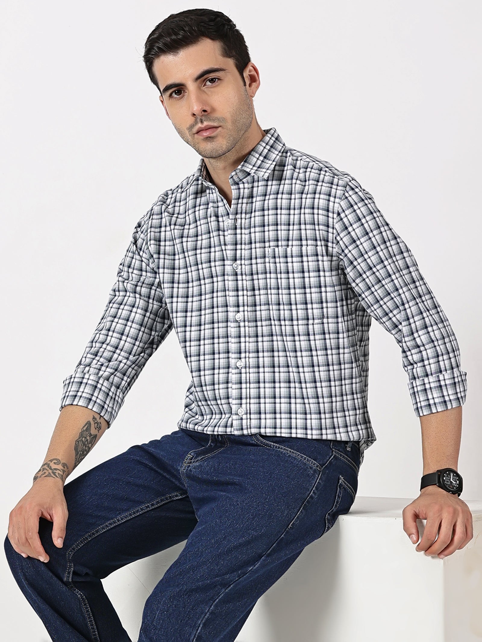 Navy, Grey & White Check Giza Twill Cotton Shirt