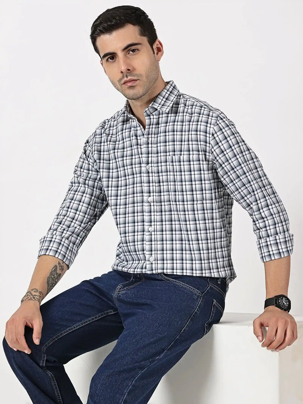 Navy, Grey & White Check Giza Twill Cotton Shirt