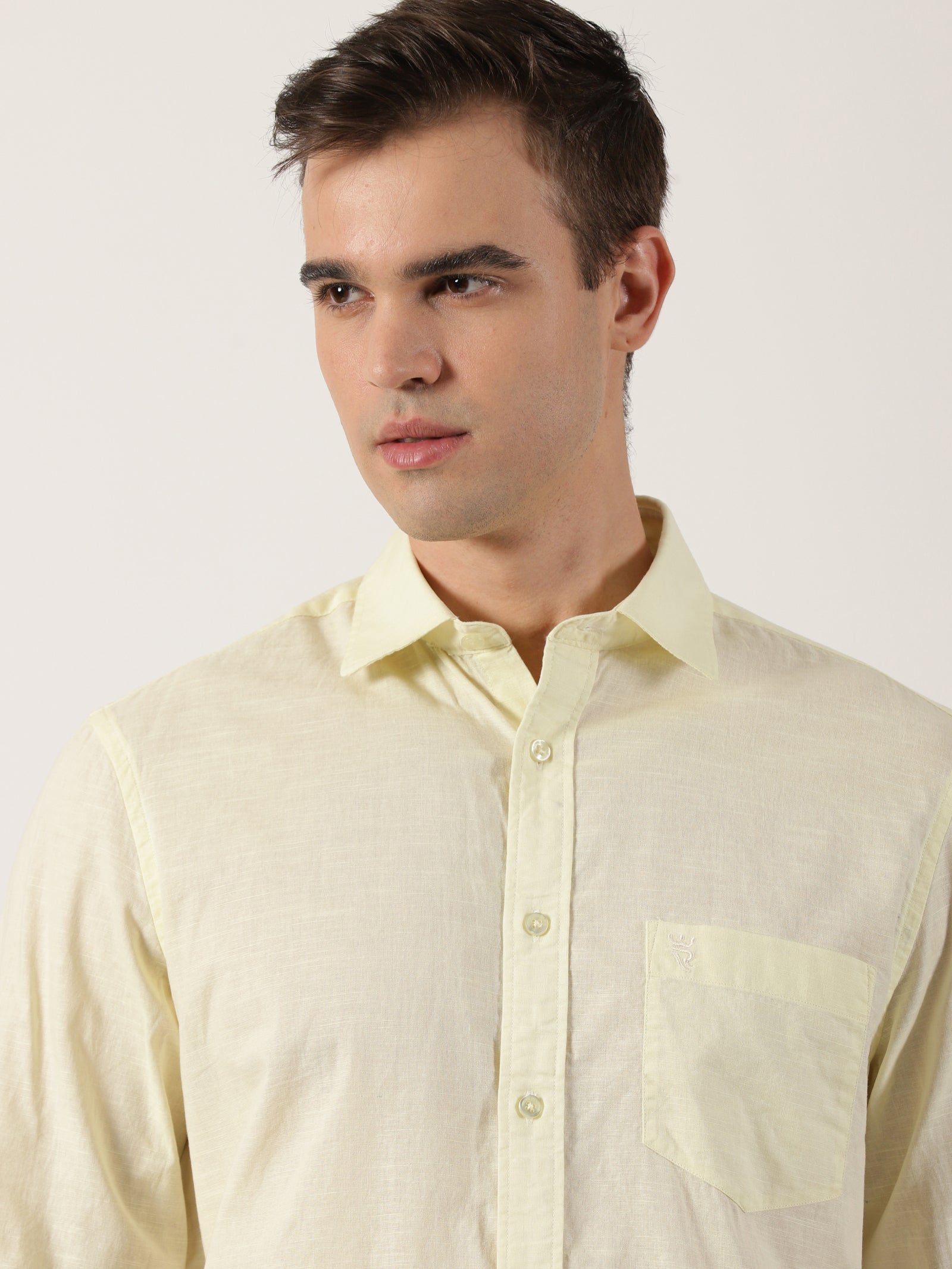 Classic Pastel Yellow Slim-Fit Cotton Shirt for Men
