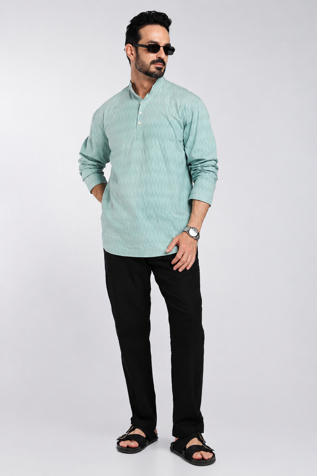 Mint Blue Textured Mandarin Collar Short Kurta