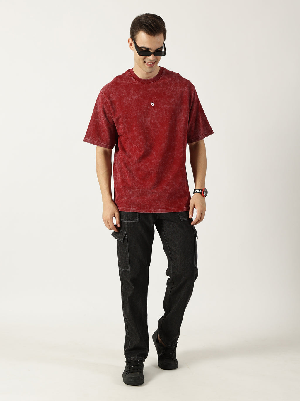 Crimson Red Acid Wash Oversized T-Shirt for Men