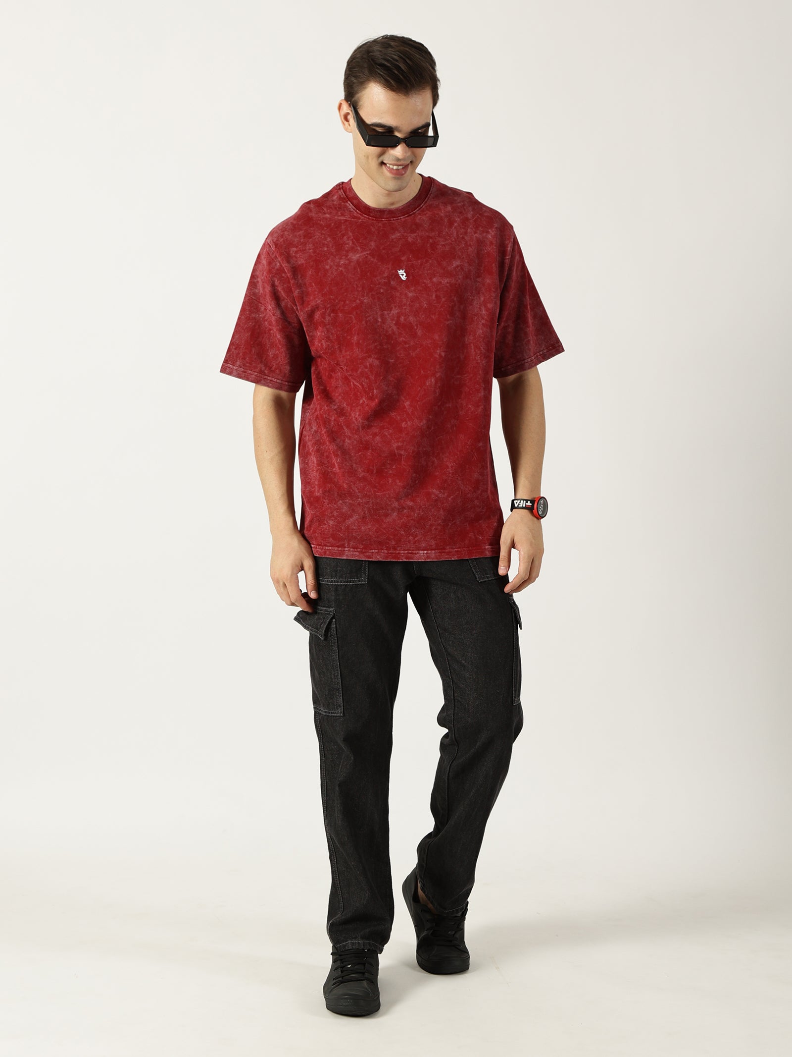 Crimson Red Acid Wash Oversized T-Shirt for Men
