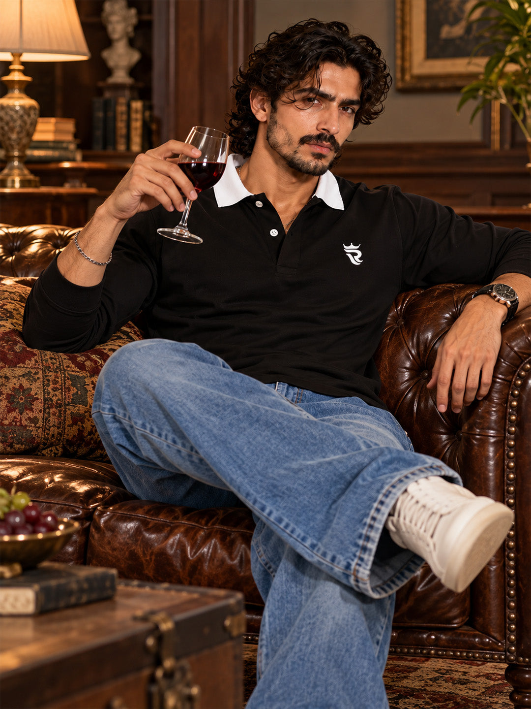 Royal Black  Contrast Collar Full Sleeve Polo T Shirt