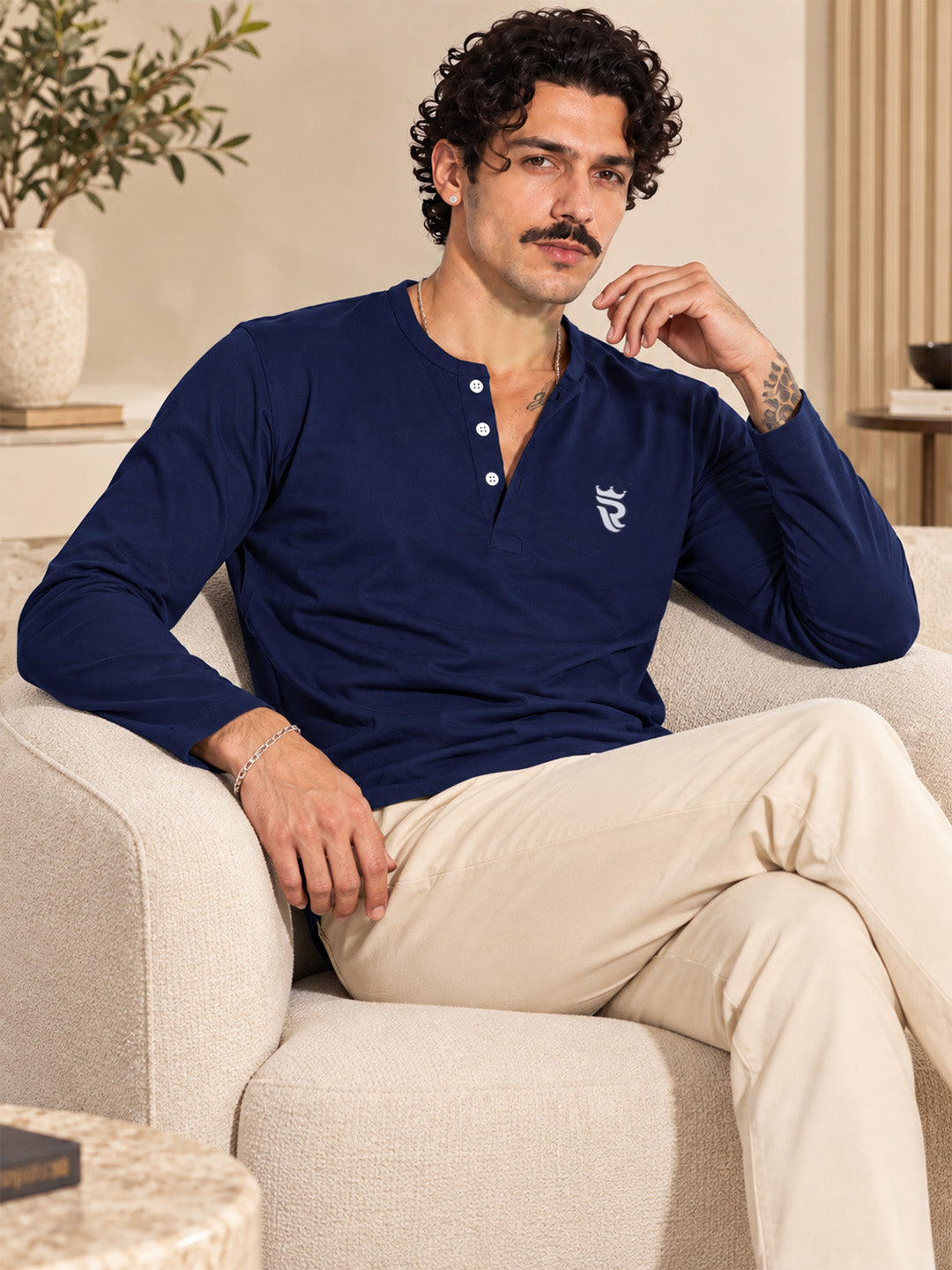 Royal Navy Blue Henley Full Sleeve T Shirt