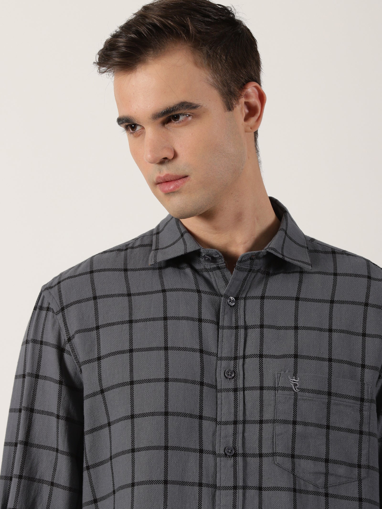 Charcoal Grey Windowpane Check Cotton Shirt