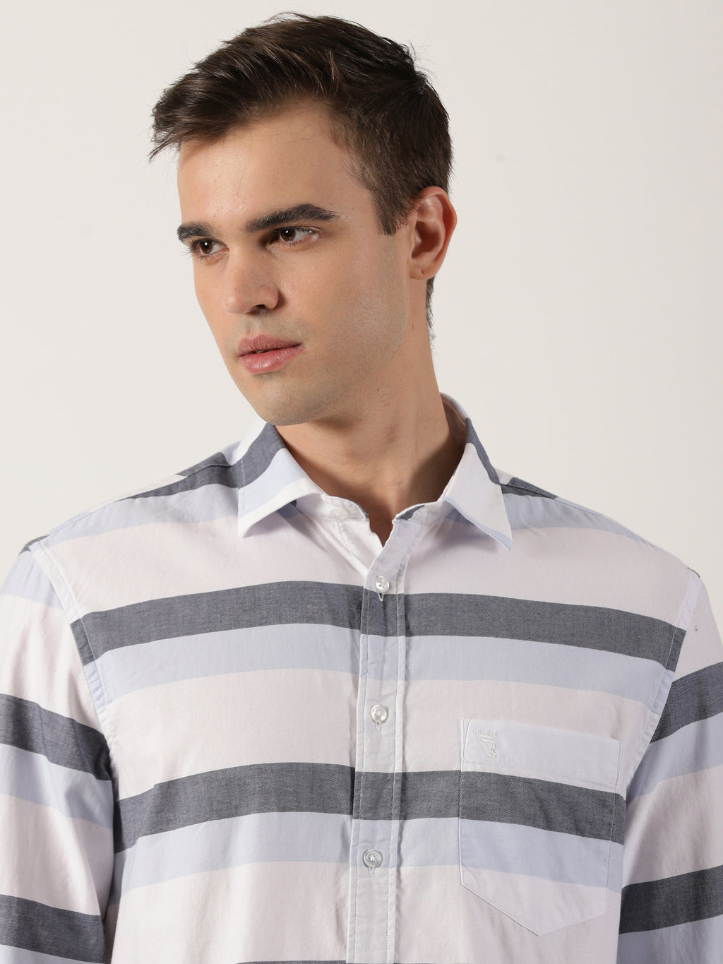 Men’s Premium White & Grey Horizontal Striped Cotton Shirt