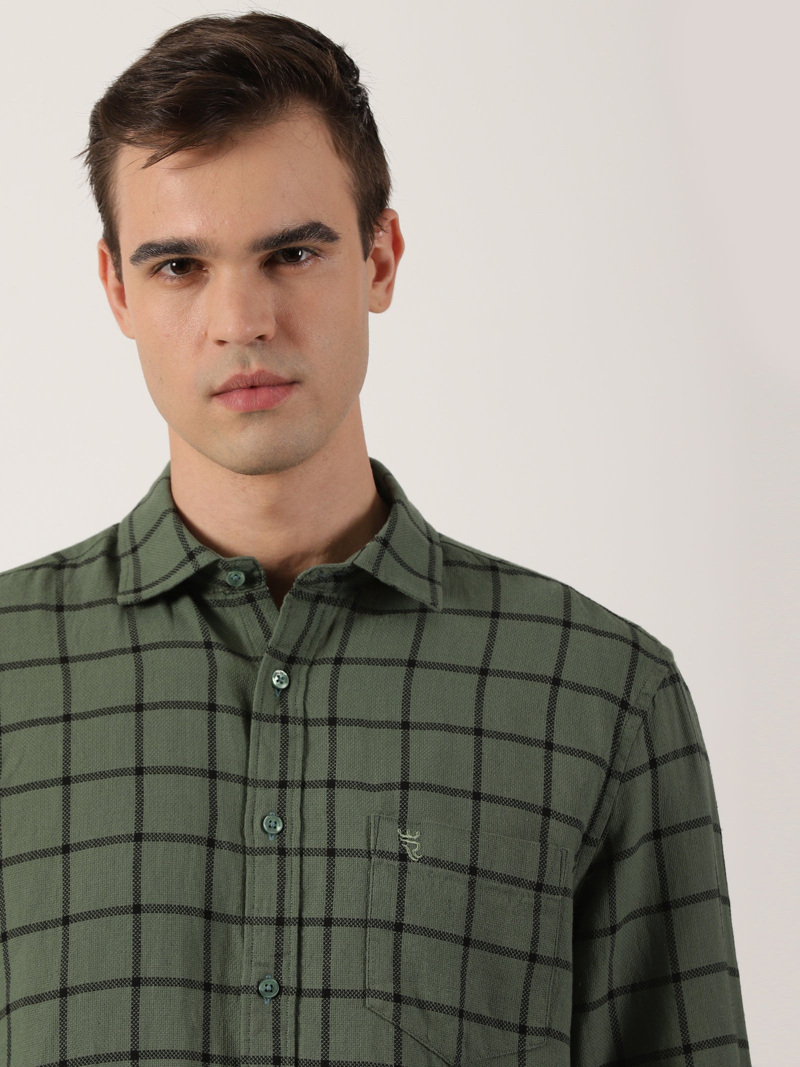 Olive Green Windowpane Check Cotton Shirt