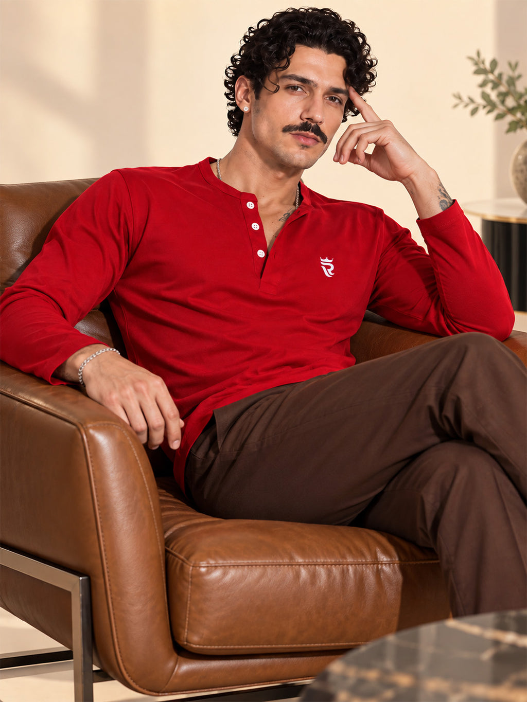 Royal Red Henley Full Sleeve T Shirt