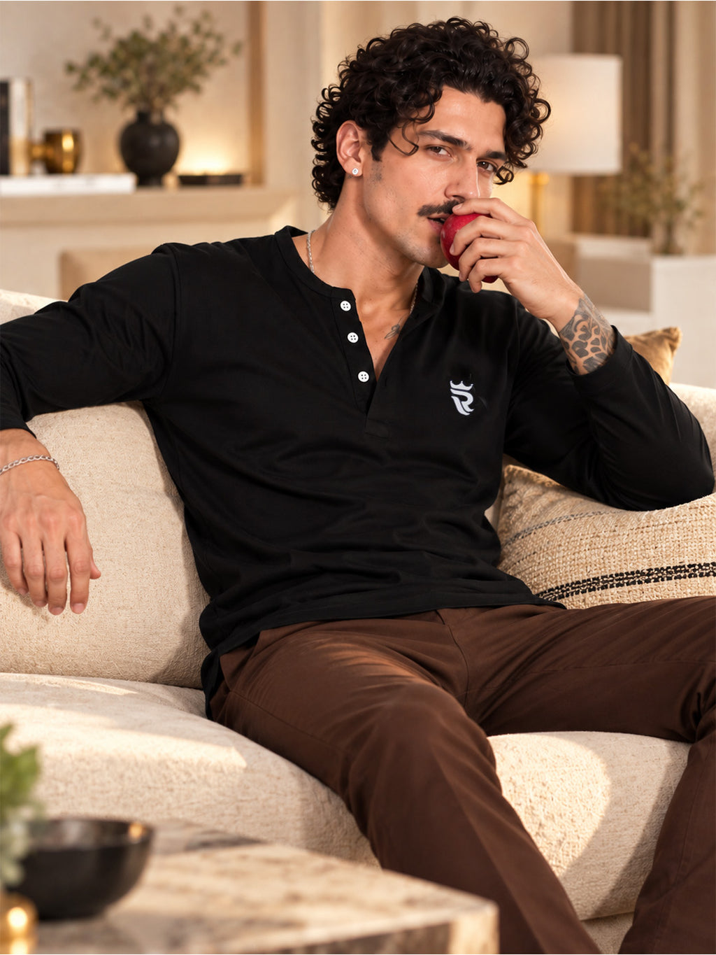 Royal Black Henley Full Sleeve T Shirt