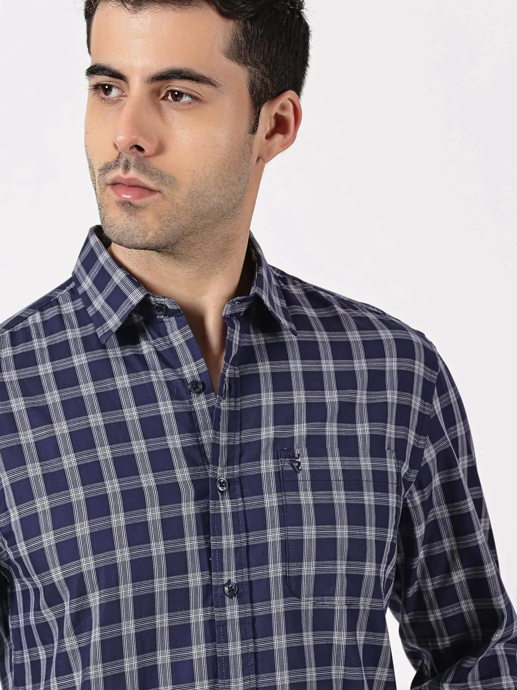 Extra Fine Navy & White Check Giza Twill Cotton Shirt