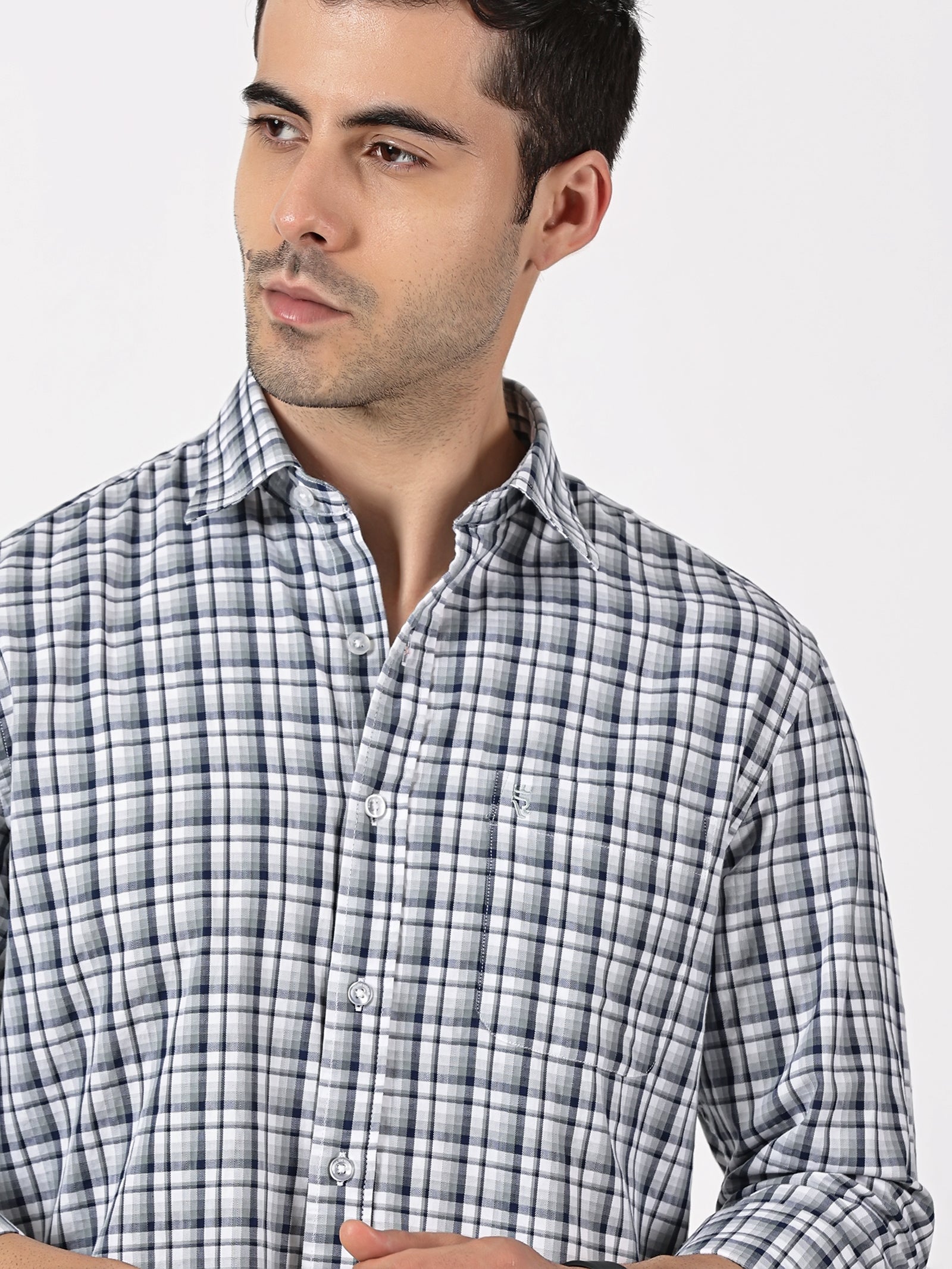 Navy, Grey & White Check Giza Twill Cotton Shirt