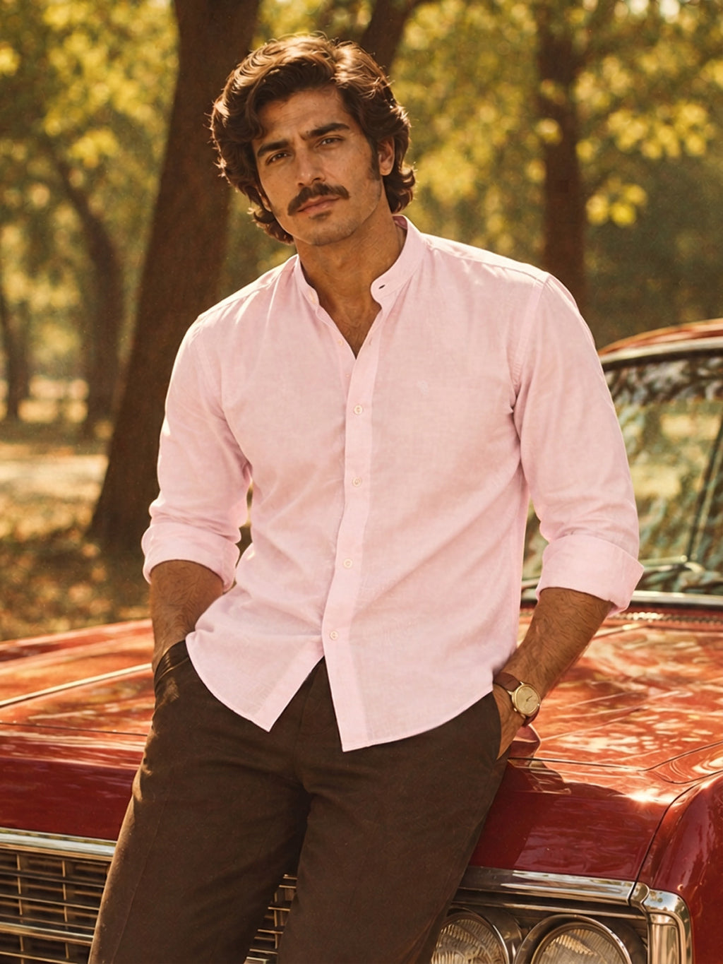 Men’s Premium Light Pink Mandarin Collar Cotton Shirt
