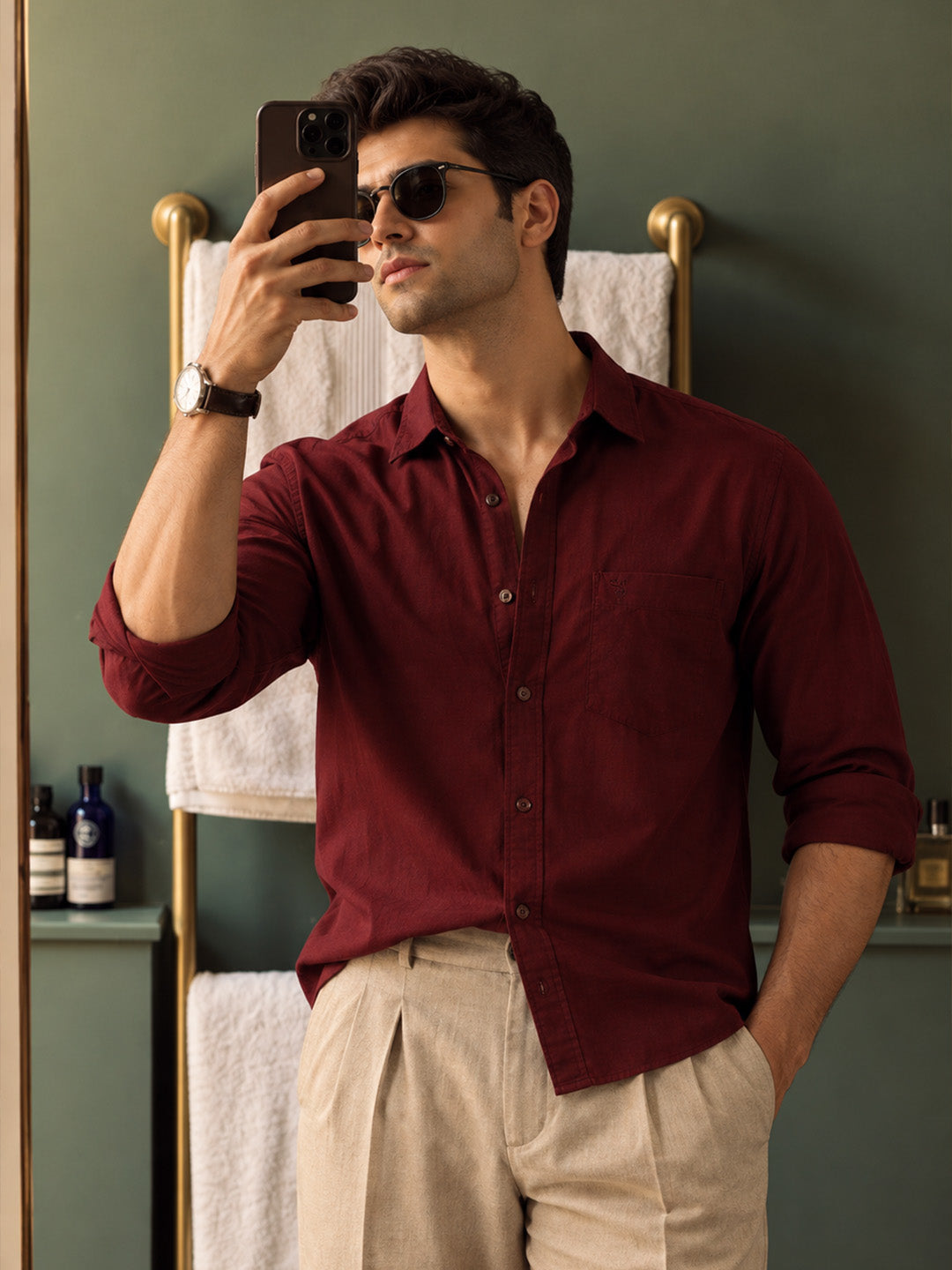 Classic Maroon Slim-Fit Cotton Shirt for Men
