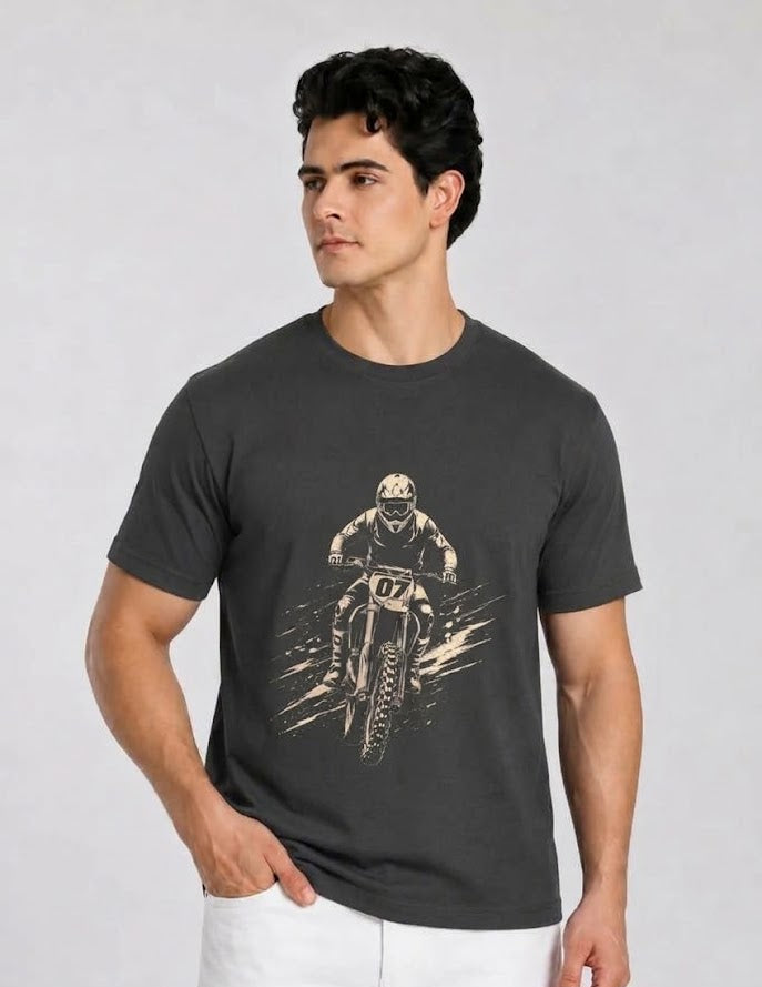 Motorcross Charcoal Black Regular Fit Printed T-Shirt for Men