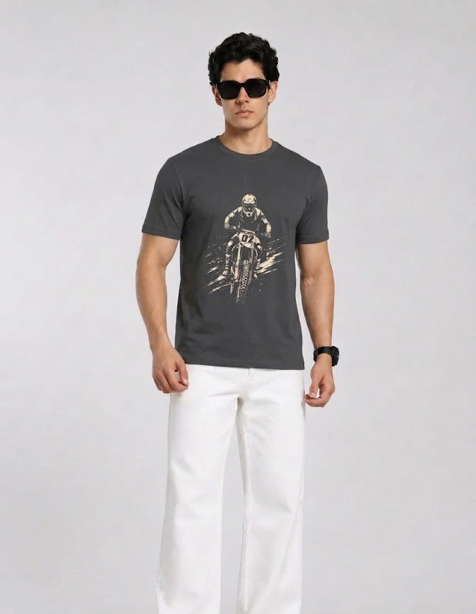 Motorcross Charcoal Black Regular Fit Printed T-Shirt for Men
