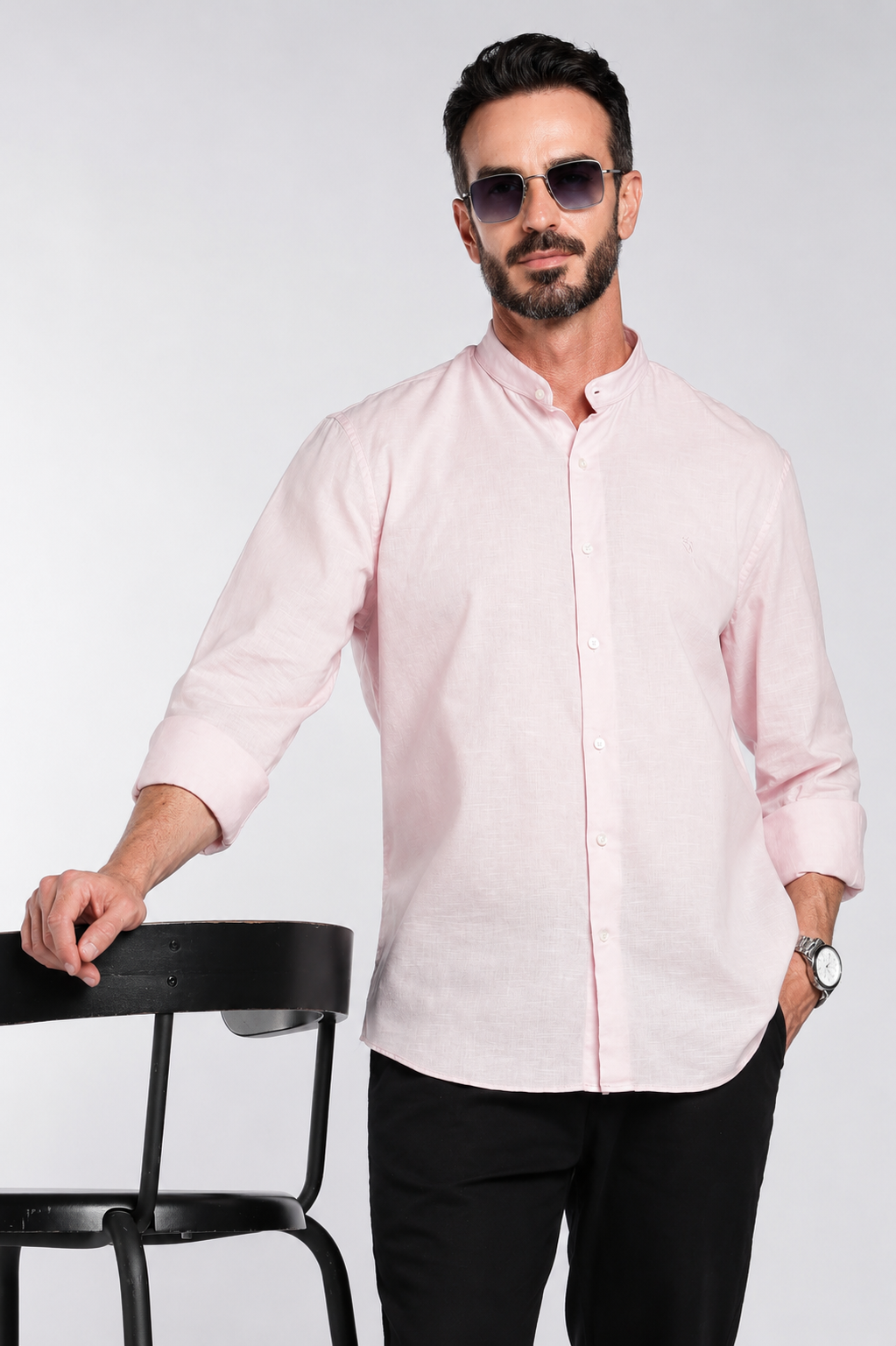 Men’s Premium Light Pink Mandarin Collar Cotton Shirt