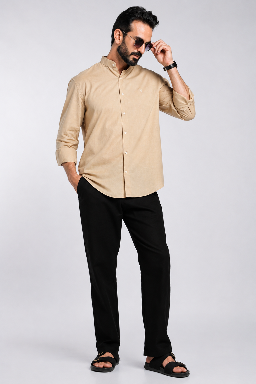 Men’s Premium Beige Mandarin Collar Cotton Shirt