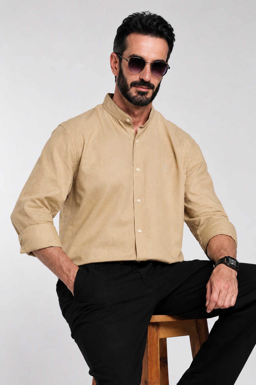 Men’s Premium Beige Mandarin Collar Cotton Shirt