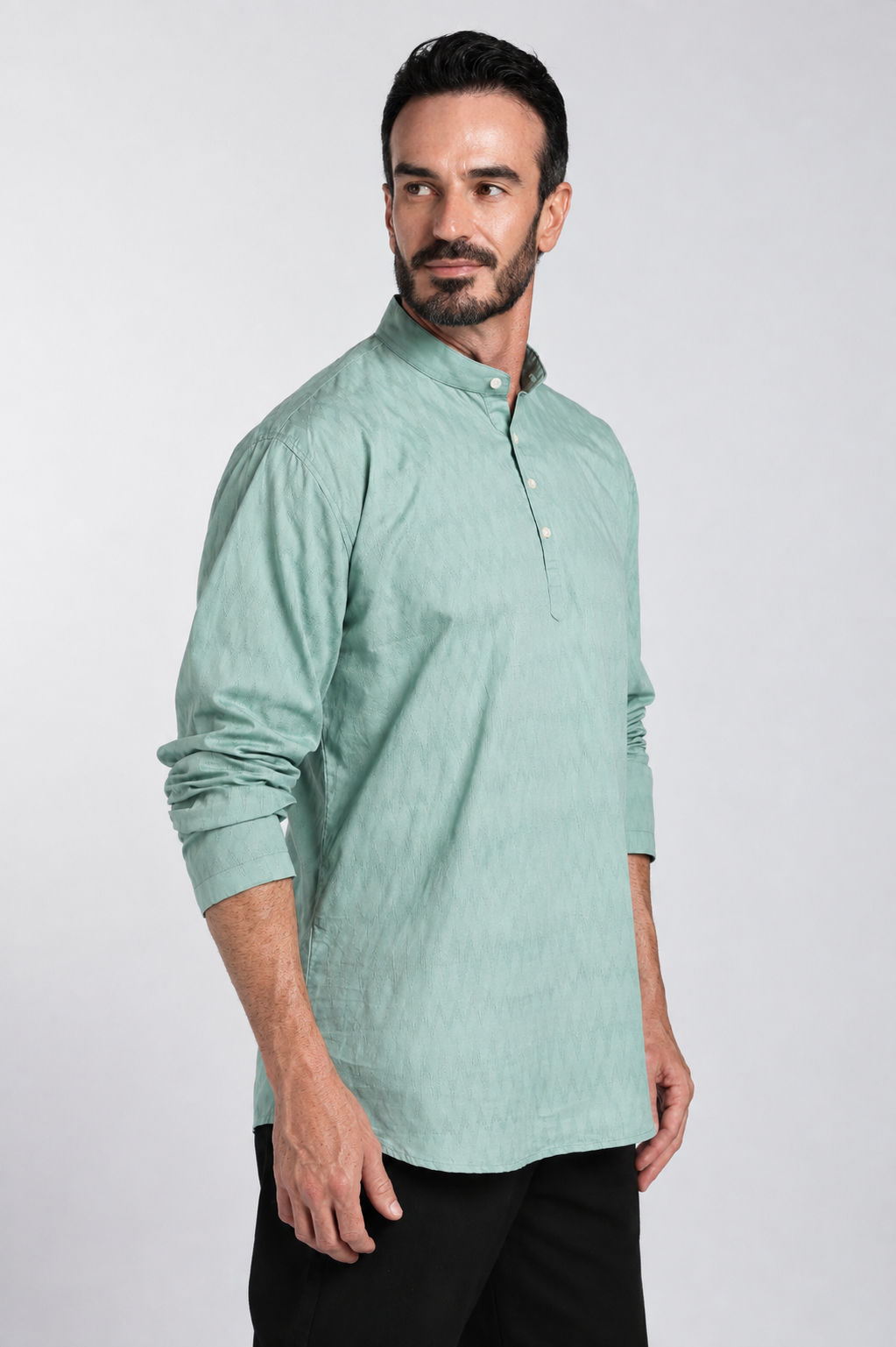 Mint Blue Textured Mandarin Collar Short Kurta