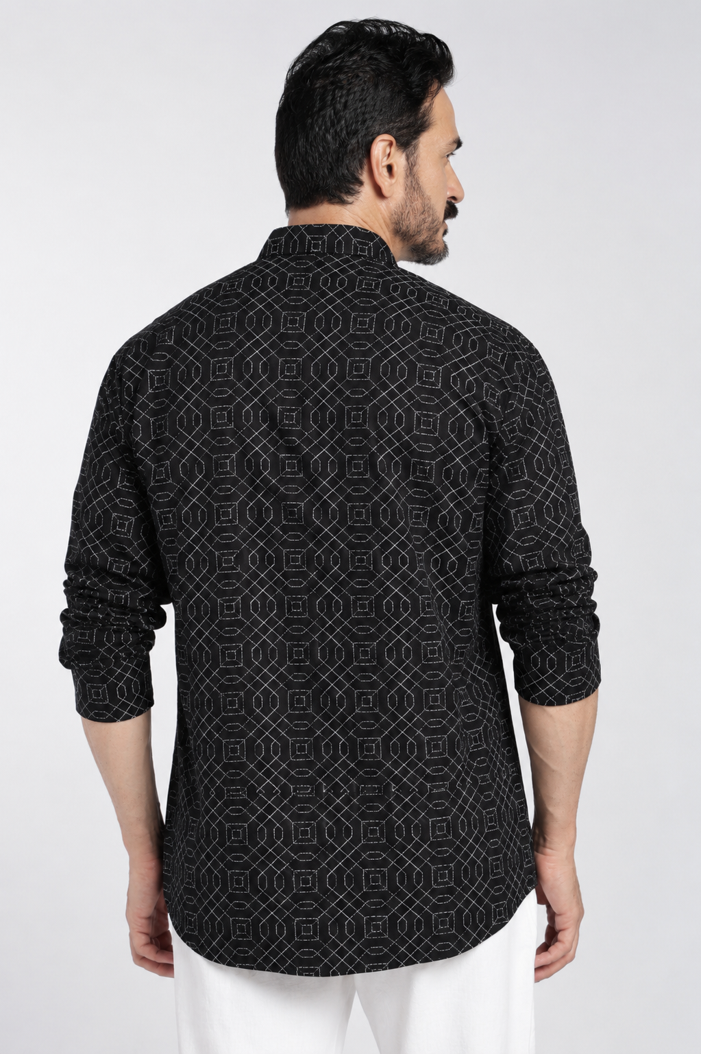 Black Geometric Printed Mandarin Collar Kurta