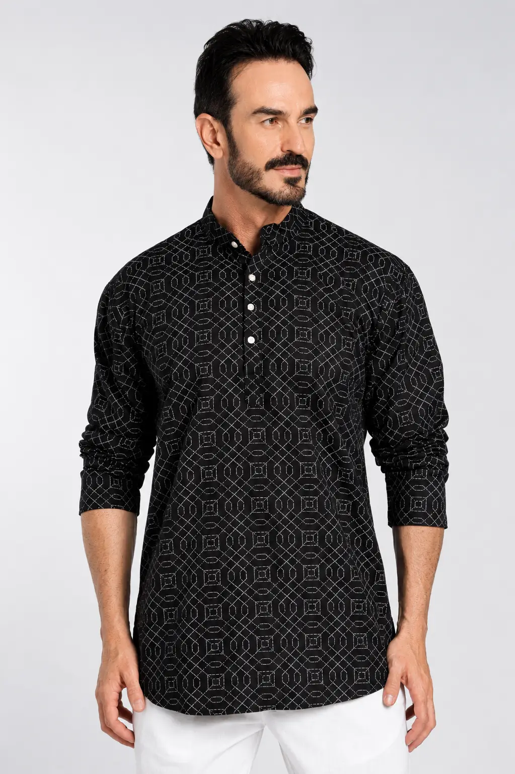 Black Geometric Printed Mandarin Collar Kurta