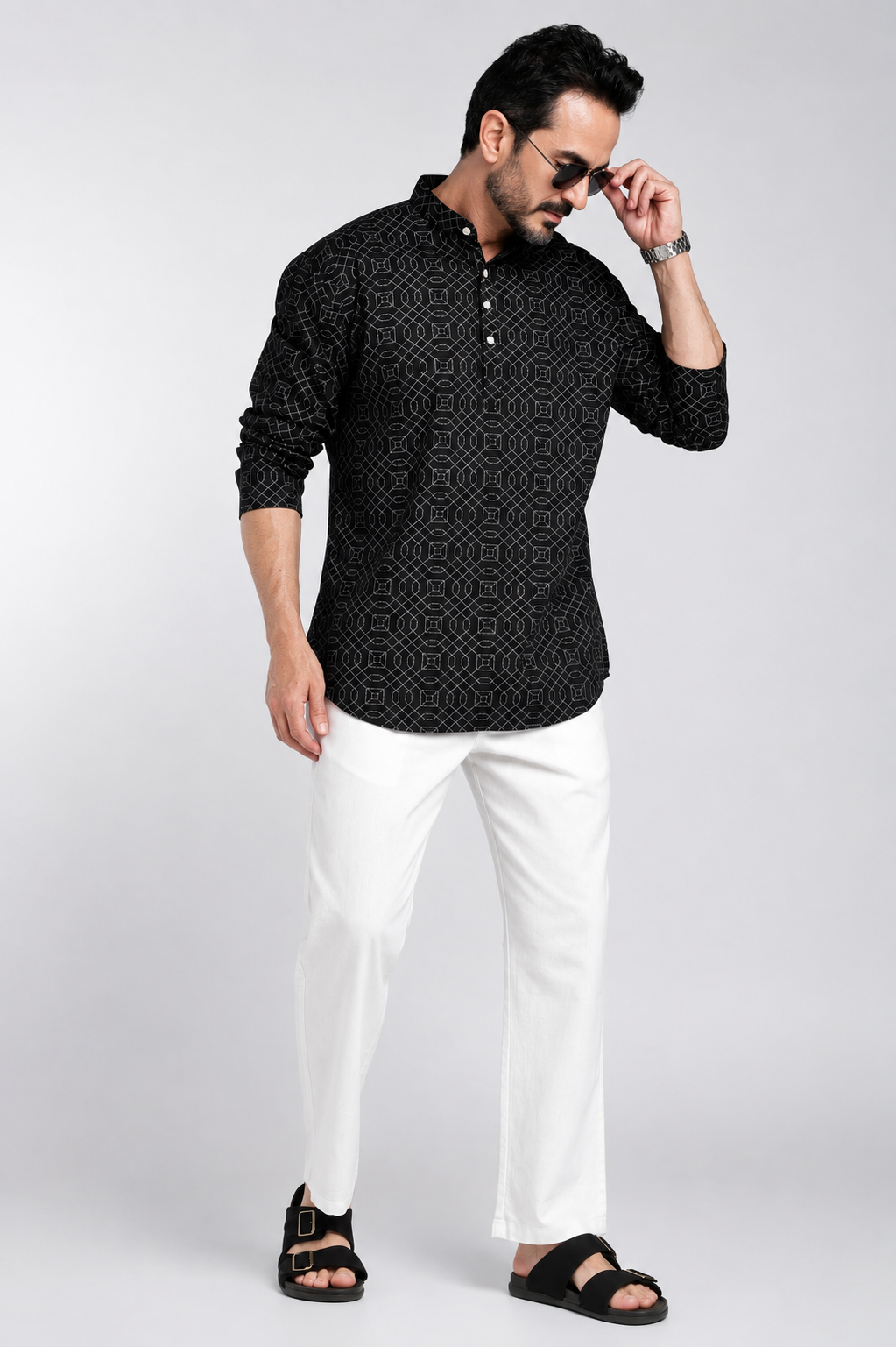 Black Geometric Printed Mandarin Collar Kurta