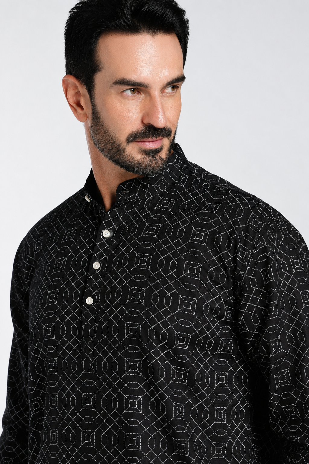 Black Geometric Printed Mandarin Collar Kurta