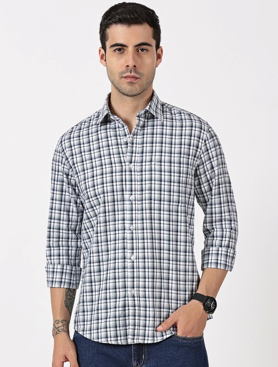 Navy, Grey & White Check Giza Twill Cotton Shirt