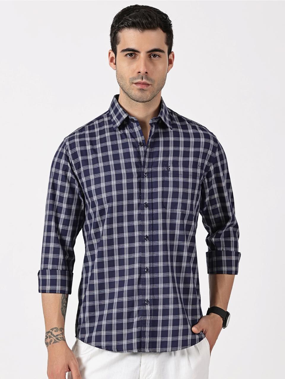 Extra Fine Navy & White Check Giza Twill Cotton Shirt